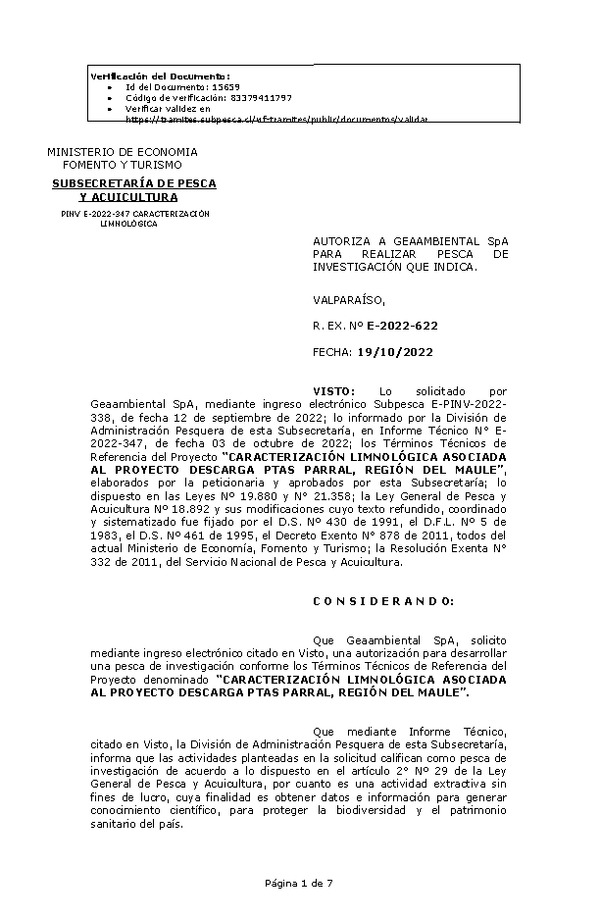 R. EX. Nº E-2022-622 AUTORIZA A GEAAMBIENTAL SpA PARA REALIZAR PESCA DE INVESTIGACIÓN QUE INDICA. (Publicado en Página Web 21-10-2022)