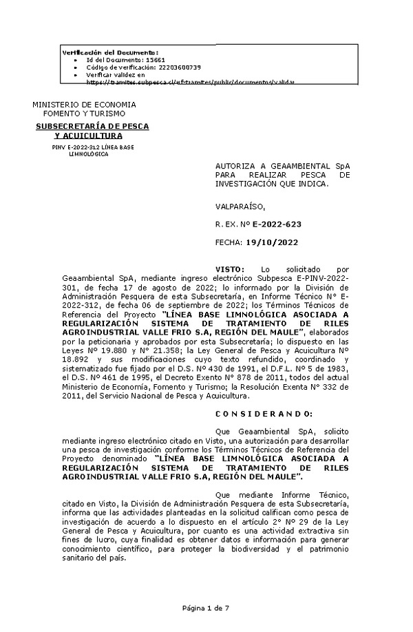 R. EX. Nº E-2022-623 AUTORIZA A GEAAMBIENTAL SpA PARA REALIZAR PESCA DE INVESTIGACIÓN QUE INDICA. (Publicado en Página Web 21-10-2022)