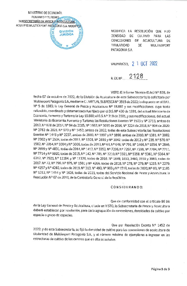 Res. Ex. N° 2128-2022 Modifica Res. Ex. N° 1452-2022 Fija densidad de cultivo para las concesiones de acuicultura de titularidad de Multiexport Patagonia S.A. Aprueba programa de manejo que indica. (Con Informe Técnico) (Publicado en Página Web 21-10-2022)