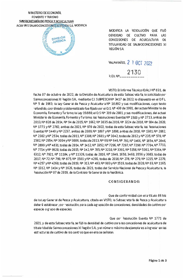 Res. Ex. N° 2130-2022 Modifica Res. Ex. N° 1771-2021 Fija densidad de cultivo para concesiones de acuicultura de Salmoconcesiones XI Región S.A. (Publicado en Página Web 21-10-2022)