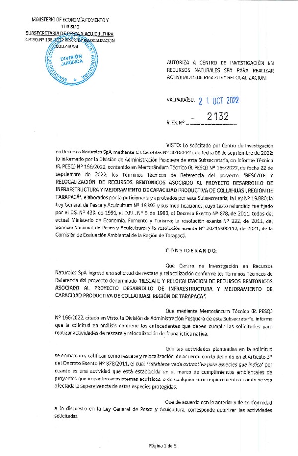 Res. Ex. N° 2132-2022 Rescate y Relocalización de Recursos Bnetónicos, Región de Tarapacá. (Publicado en Página Web 21-10-2022)