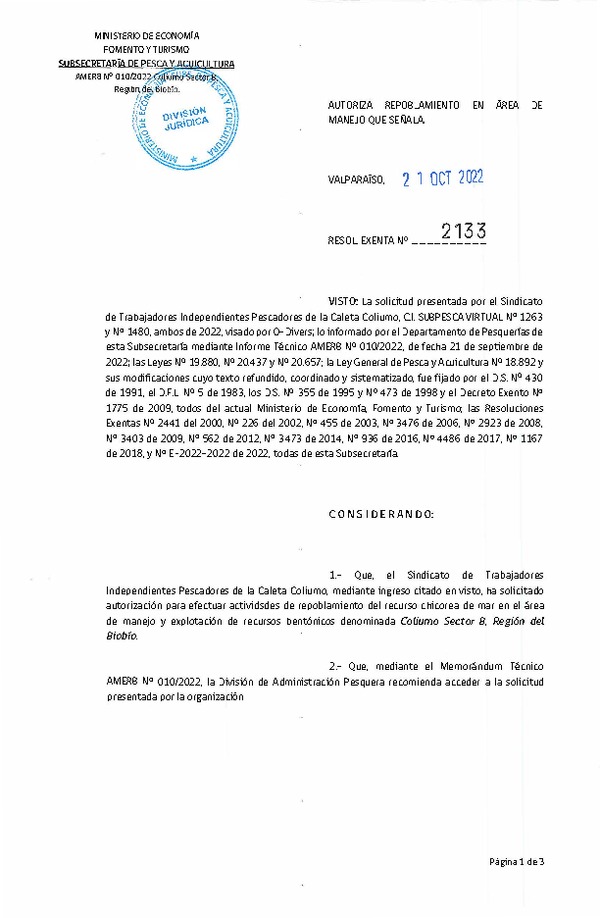 Res. Ex. N° 2133-2022 Autoriza Repoblamiento que señala. (Publicado en Página Web 21-10-2022)