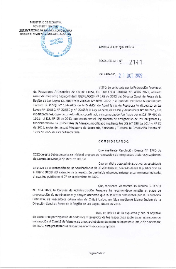 Res. Ex. N° 2141-2022 Amplía Plazo que Indica. (Publicado en Página Web 21-10-2022)