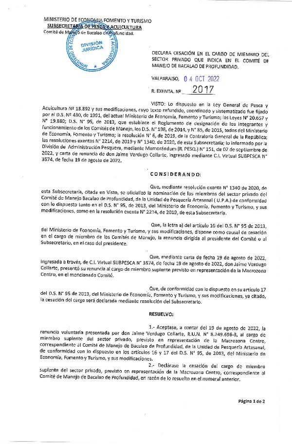 Res. Ex. N° 2017-2022 Declara cesación de cargo de miembro del sector privado que indica, en Comité de Manejo de Bacalao de Profundidad de la Unidad. (Publicado en Página Web 24-10-2022) (F.D.O. 22-10-202))