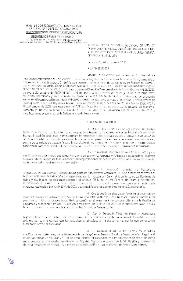 Res. Ex. N° 111-2022 (DZP Ñuble y del Biobío) Autoriza cesión Merluza Común. (Publicado en Página Web 24-10-2022)