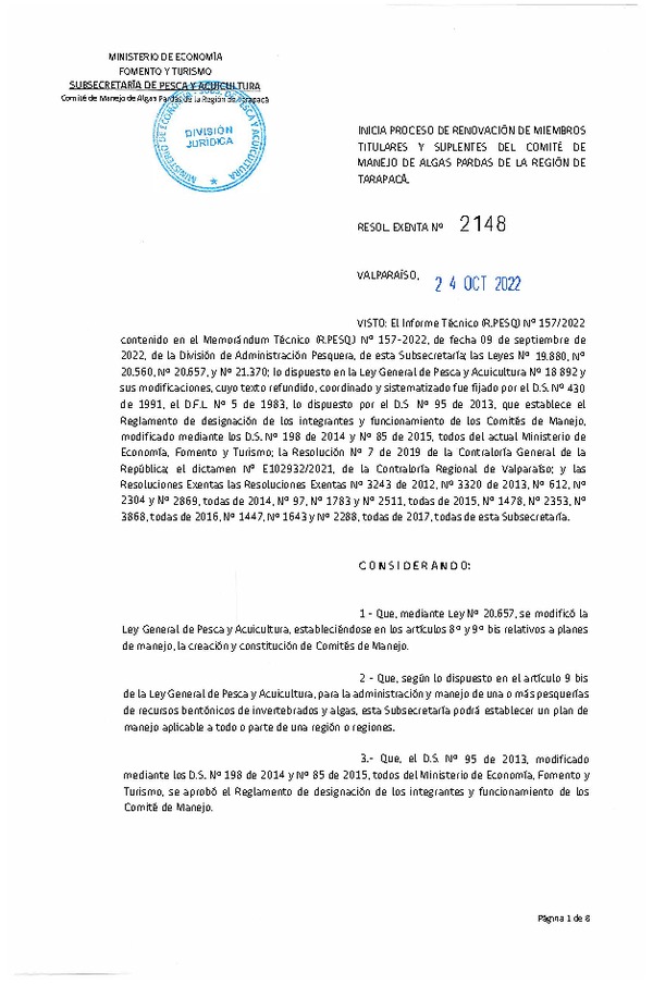 Res. Exenta N° 2148-2022, Inicia proceso de renovación de miembros titulares y suplentes del comité de manejo de Algas Pardas de la región de Tarapacá. (Publicado en Página Web 25-10-2022)