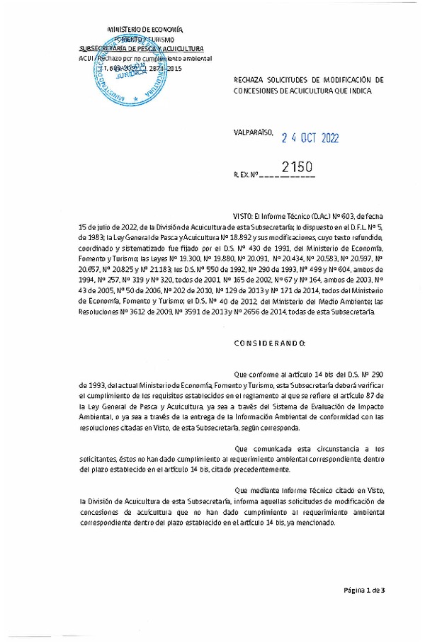 Res. Ex. N° 2150-2022 Rechaza solicitudes de modificación de concesiones de acuicultura que indica.