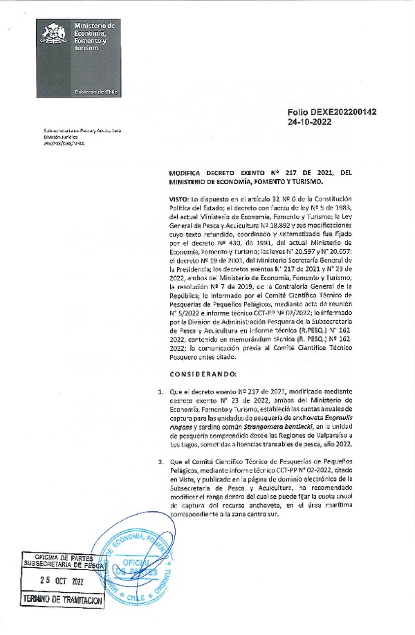 Dec. Ex. Folio N° 202200142 Modifica Dec. Ex. Folio N° 202100217 Establece Cuotas Anuales de Captura de Pesquería de Anchoveta y Sardina Común, Valparaíso - Los Lagos Sometidas a Licencias Transables de Pesca, Año 2022. (Publicado en Página Web 25-10-2022)