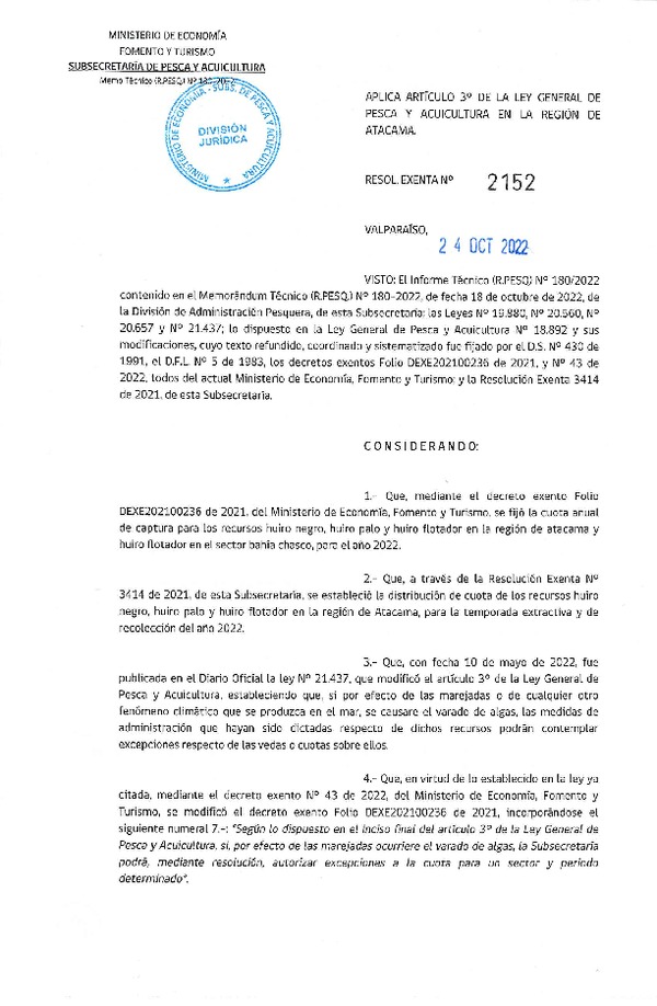 Res. Ex. N° 2152-2022 Aplica Artículo 3° de la Ley General de Pesca y Acuicultura en la Región de Atacama. (Publicado en Página Web 25-10-2022)