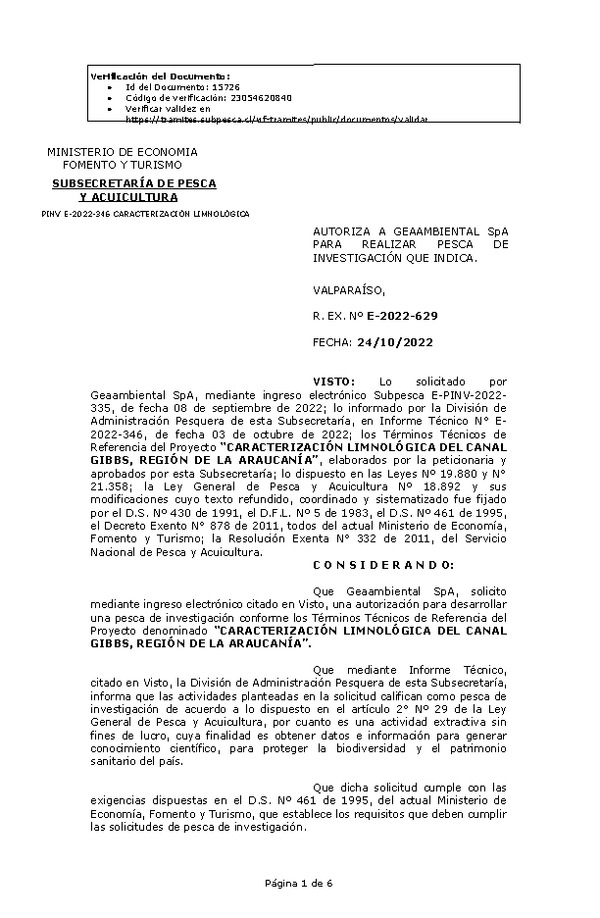 R. EX. Nº E-2022-629 AUTORIZA A GEAAMBIENTAL SpA PARA REALIZAR PESCA DE INVESTIGACIÓN QUE INDICA. (Publicado en Página Web 26-10-2022)