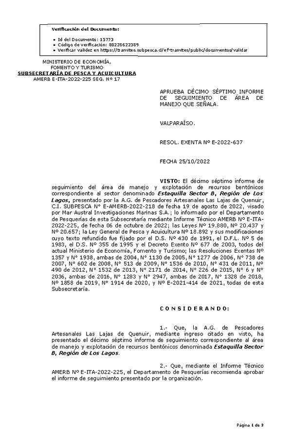 RESOL. EXENTA Nº E-2022-637 Aprueba 17° informe de seguimiento. (Publicado en Página Web 26-10-2022)