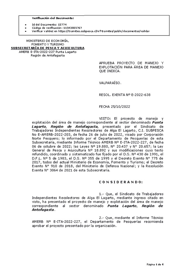 RESOL. EXENTA Nº E-2022-638 Aprueba Proyecto de manejo. (Publicado en Página Web 26-10-2022)