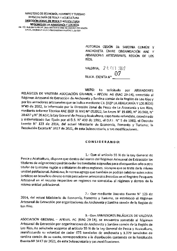 Res. Ex. N° 07-2022 (DZP de La Araucanía y Los Ríos), Autoriza Cesión anchoveta y sardina común, Región de Los Ríos. (Publicado en Página Web 26-10-2022)