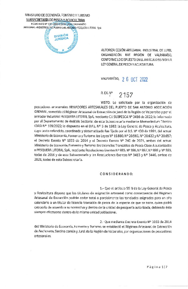 Res Ex N° 2157-2022, Autoriza Cesión de Jurel Región de Valparaíso. (Publicado en Página Web 26-10-2022)