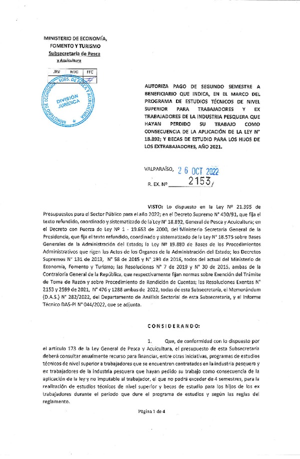 Res. Ex. N° 2153-2022 Autoriza pago de segundo semestre a beneficiario que indica, en el marco del programa que señala. (Publicado en Página Web 26-10-2022)