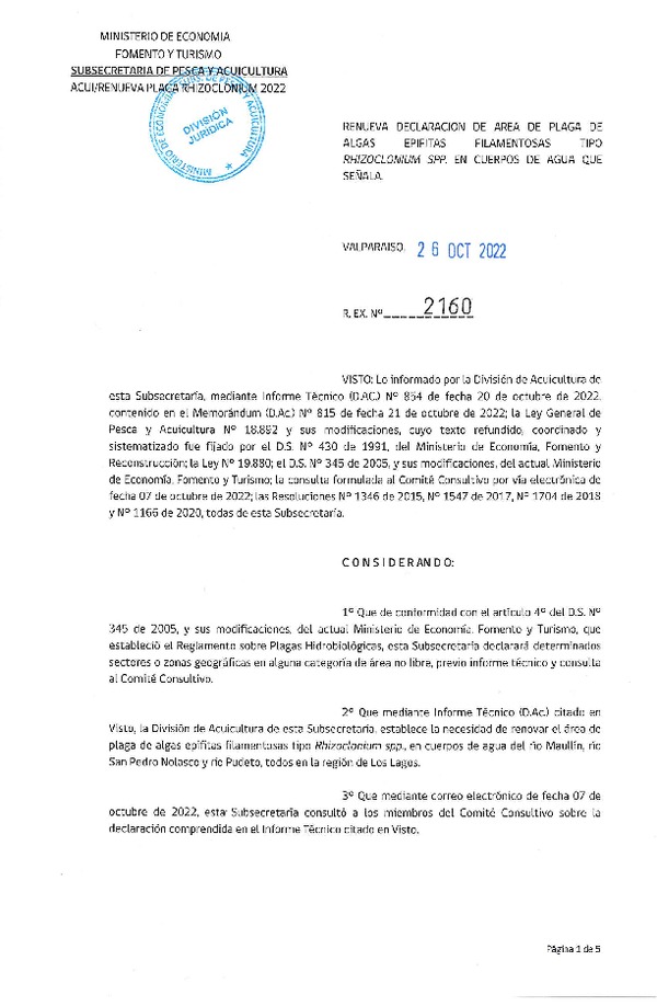 Res. Ex. N° 2160-2022 Renueva Declaración de Área de Plaga de Algas Epifitas Filamentosas Tipo Rhizoclonium spp., en Cuerpos de Agua que Indica. (Publicado en Página Web 27-10-2022)