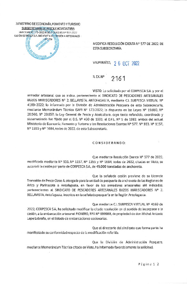 Res. Ex. N° 2161-2022 Modifica Res. Ex. N° 577-2022 Autoriza Cesión Anchoveta, Regiones de Arica y Parinacota a Región de Antofagasta. (Publicado en Página Web 27-10-2022)