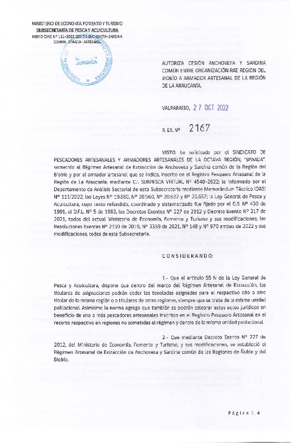 Res. Ex. N° 2167-2022 Autoriza Cesión de Anchoveta y Sardina común, Regiones del Biobío a La Araucanía. (Publicado en Página Web 27-10-2022)