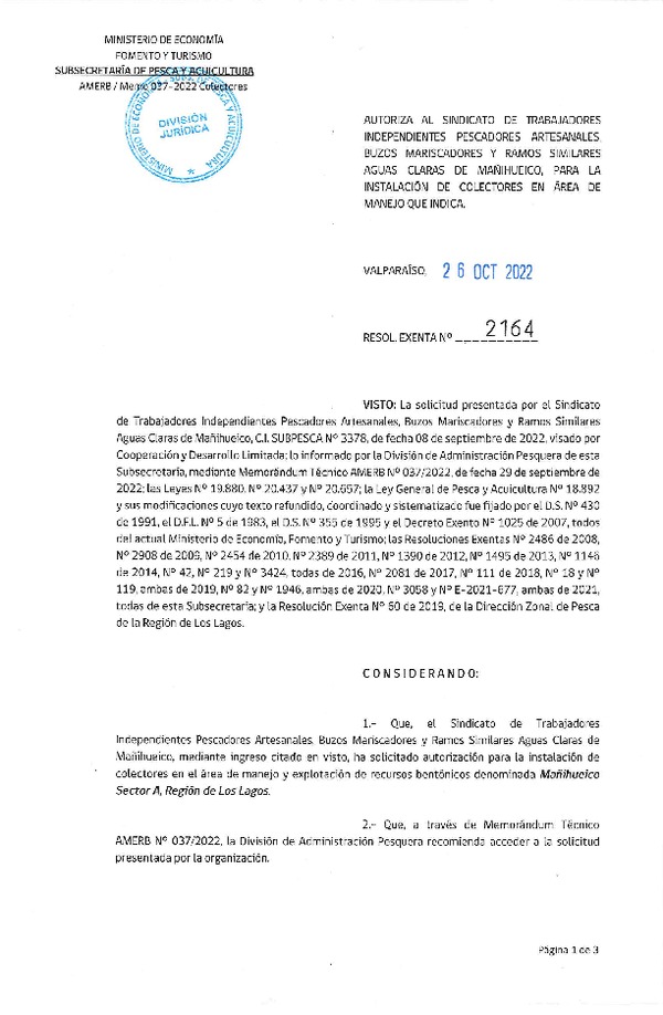 Res. Ex. N° 2164-2022 Autoriza instalación de colectores. (Publicado en Página Web 27-10-2022)