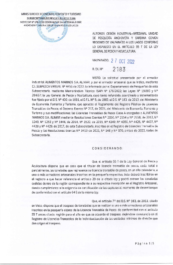 Res. Ex. N° 2183-2022, Autoriza Cesión unidad de pesquería Anchoveta y Sardina Común, Regiones Valparaíso a Los Lagos. (Publicado en Página Web 27-10-2022)