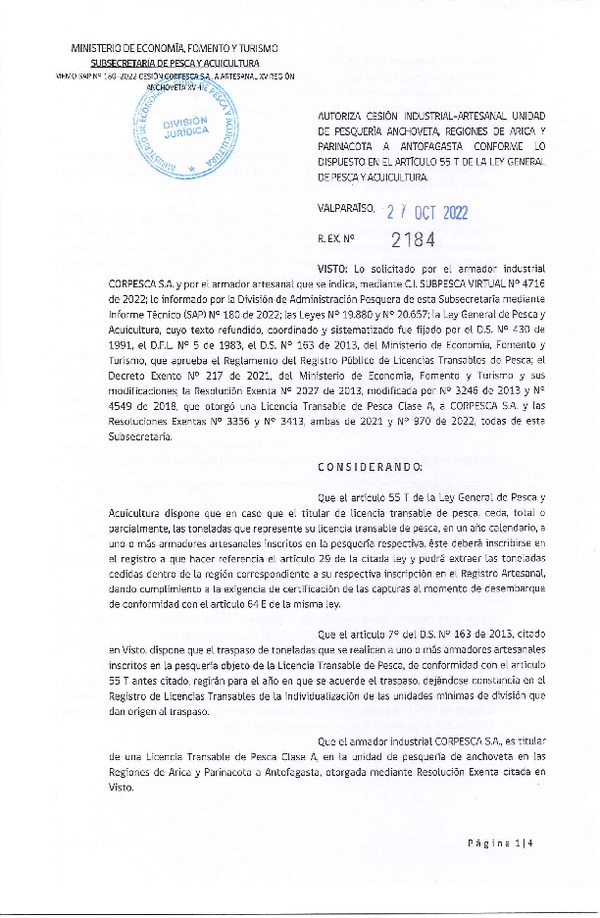 Res. Ex. N° 2184-2022 Autoriza Cesión Anchoveta, Regiones de Arica y Parinacota a Región de Antofagasta. (Publicado en Página Web 27-10-2022)