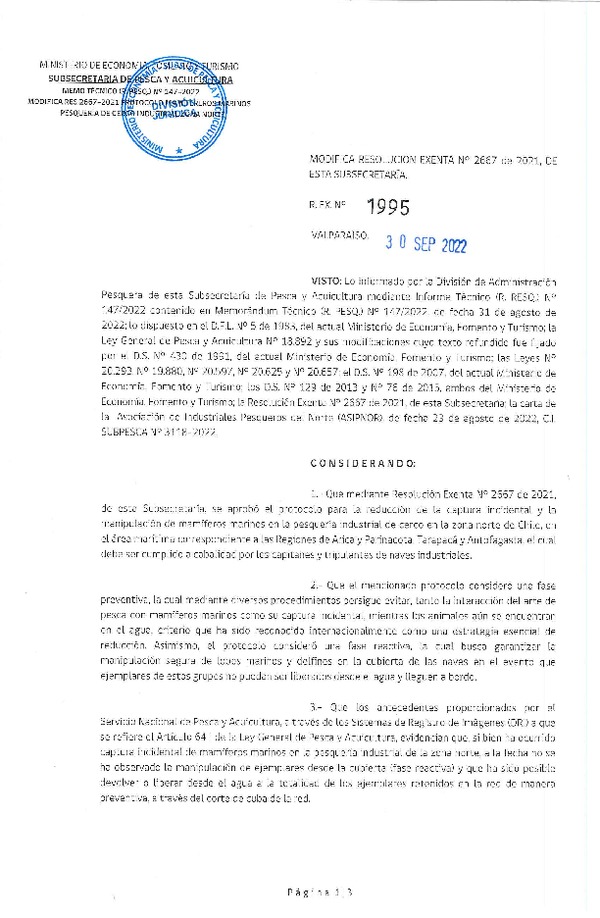 Res. Ex. N° 1195-2022 Modifica Res. Ex. N° 2667-2021 Establece Protocolo para la Reducción de la Captura Incidental y la Manipulación de Mamíferos Marinos en la Pesquería de Cerco Industrial de la Zona Norte de Chile. (Publicado en Página Web 28-10-2022)
