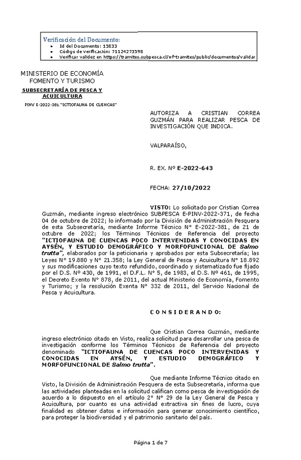 R. EX. Nº E-2022-643 AUTORIZA A CRISTIAN CORREA GUZMÁN PARA REALIZAR PESCA DE INVESTIGACIÓN QUE INDICA. (Publicado en Página Web 28-10-2022)