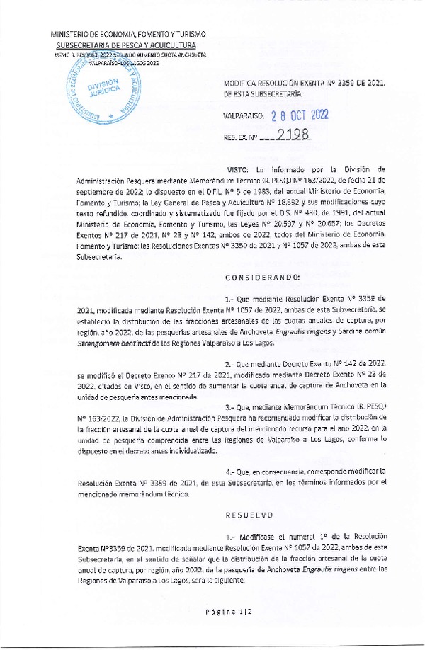 Res. Ex. N° 2198-2022 Modifica Res. Ex. N° 3359-2021 Establece Distribución de las Fracciones Artesanales de Anchoveta y Sardina Común, Regiones de Valparaíso a Los Lagos, por Región, Año 2022. (Publicado en Página Web 28-10-2022)