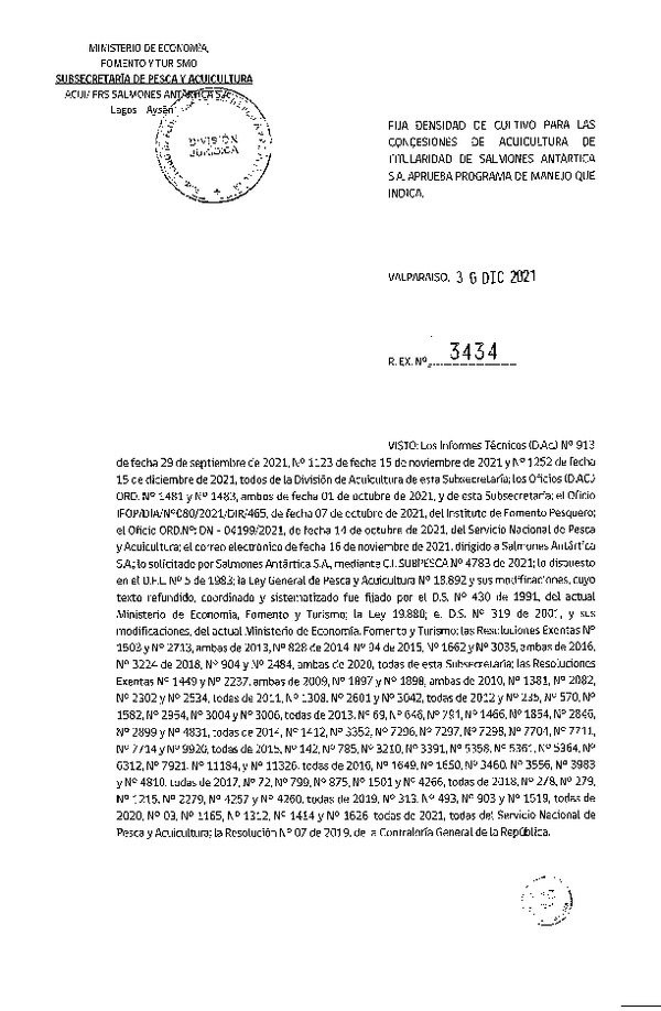 Res. Ex N° 3434-2021 Fija densidad de cultivo para las concesiones de acuicultura de titularidad de Salmones Antártica S.A.