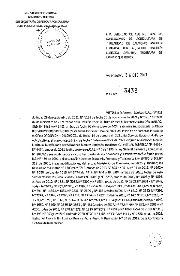 Res. Ex N° 3438-2021 Fija densidad de cultivo para las concesiones de acuicultura de titularidad de Salmones Maullín Limitada, Hoy Aquachile Maullín Limitada.