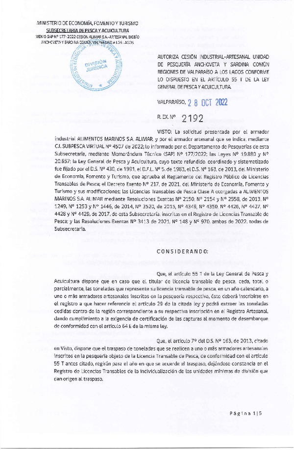 Res. Ex. N° 2192-2022, Autoriza Cesión unidad de pesquería Anchoveta y Sardina Común, Regiones Valparaíso a Los Lagos. (Publicado en Página Web 02-11-2022)