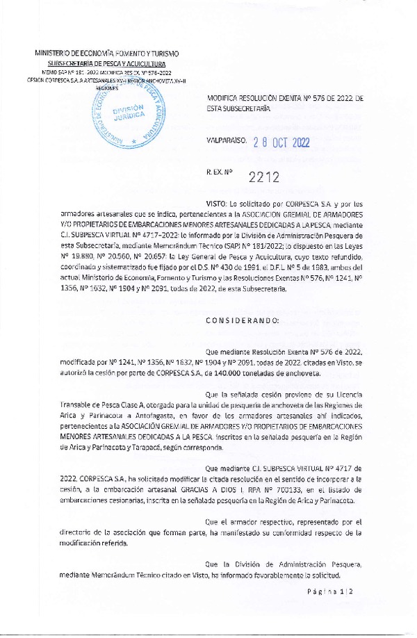 Res. Ex. N° 2212-2022 Modifica Res. Ex. N° 576-2022 Autoriza Cesión Anchoveta, Regiones de Arica y Parinacota a Región de Antofagasta. (Publicado en Página Web 02-11-2022)