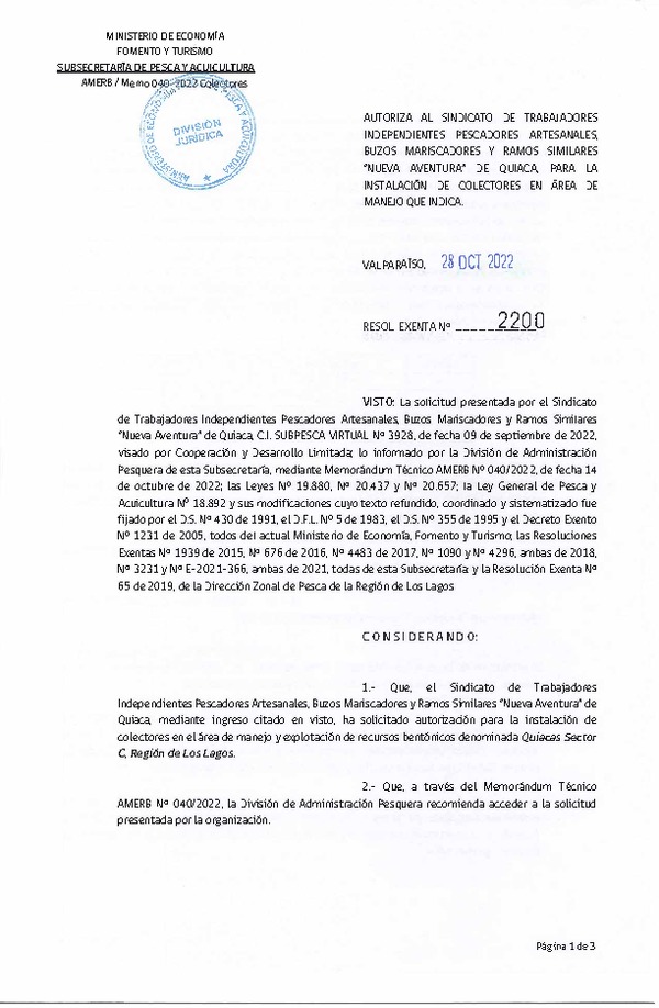 Res. Ex. N° 2200-2022 Autoriza instalación de colectores. (Publicado en Página Web 02-11-2022)