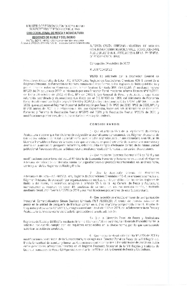 Res. Ex. N° 114-2022 (DZP Ñuble y del Biobío) Autoriza cesión Merluza Común. (Publicado en Página Web 02-11-2022)