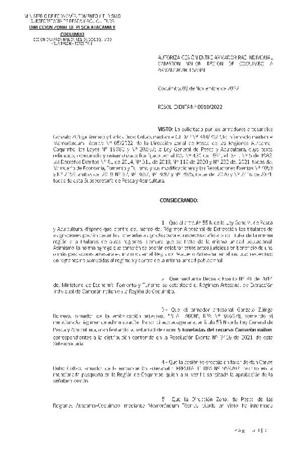 Res. Ex. N° 0010-2022 (DZP Atacama y Coquimbo) Autoriza cesión Camarón nailon, Región de Coquimbo. (Publicado en Página Web 03-11-2022)