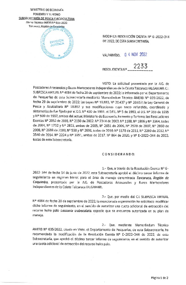 Res. Ex. N° 2233-2022 Modifica 	RESOL. EXENTA Nº E-2022-344 Aprueba 13° Seguimiento. (Publicado en Página Web 04-11-2022)