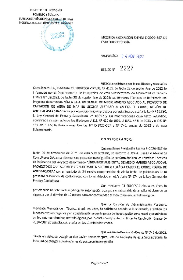 Res. Ex. N° 2227-2022 Modifica E-2020-587. (Publicado en Página Web 04-11-2022)