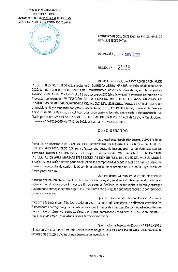 Res. Ex. N° 2228-2022 Modifica E-2021-648. (Publicado en Página Web 04-11-2022)