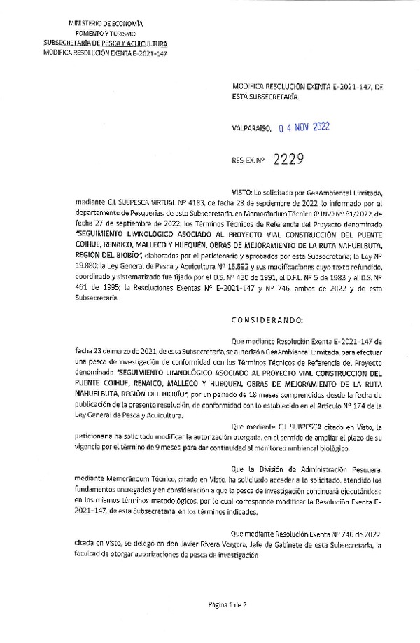 Res. Ex. N° 2229-2022 Modifica E-2021-147. (Publicado en Página Web 04-11-2022)