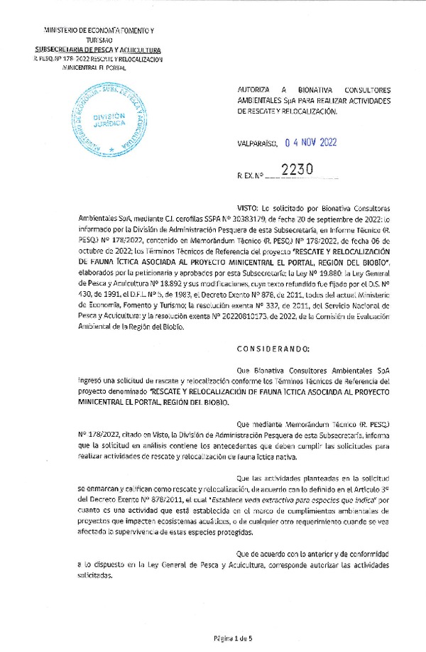 Res. Ex. N° 2230-2022 Rescate y Relocalización Fauna ícitca, Región del Biobío. (Publicado en Página Web 04-11-2022)