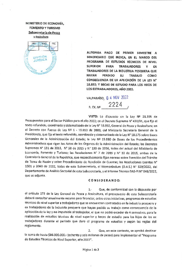 Res. Ex. N° 2224-2022 Autoriza pago de primer semestre a beneficiario que indica, en el marco del programa que señala. (Publicado en Página Web 04-11-2022)