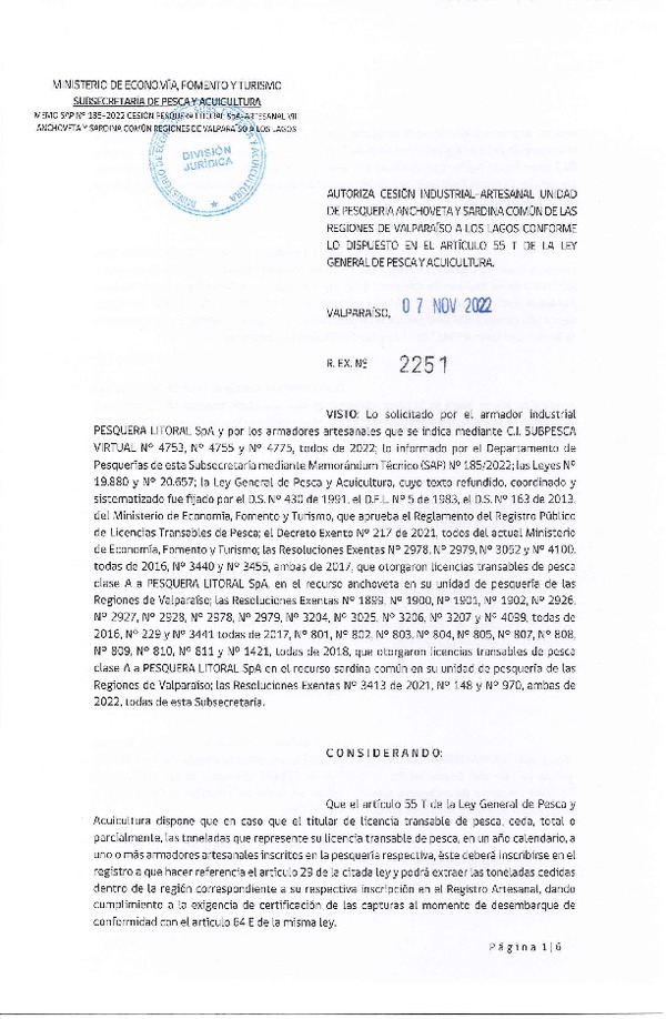 Res. Ex. N° 2251-2022, Autoriza Cesión unidad de pesquería Anchoveta y Sardina Común, Regiones Valparaíso a Los Lagos. (Publicado en Página Web 07-11-2022)