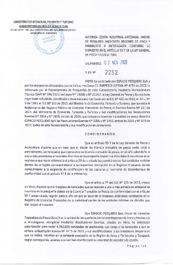 Res. Ex. N° 2252-2022 Autoriza Cesión Anchoveta, Regiones de Arica y Parinacota a Región de Antofagasta. (Publicado en Página Web 07-11-2022)