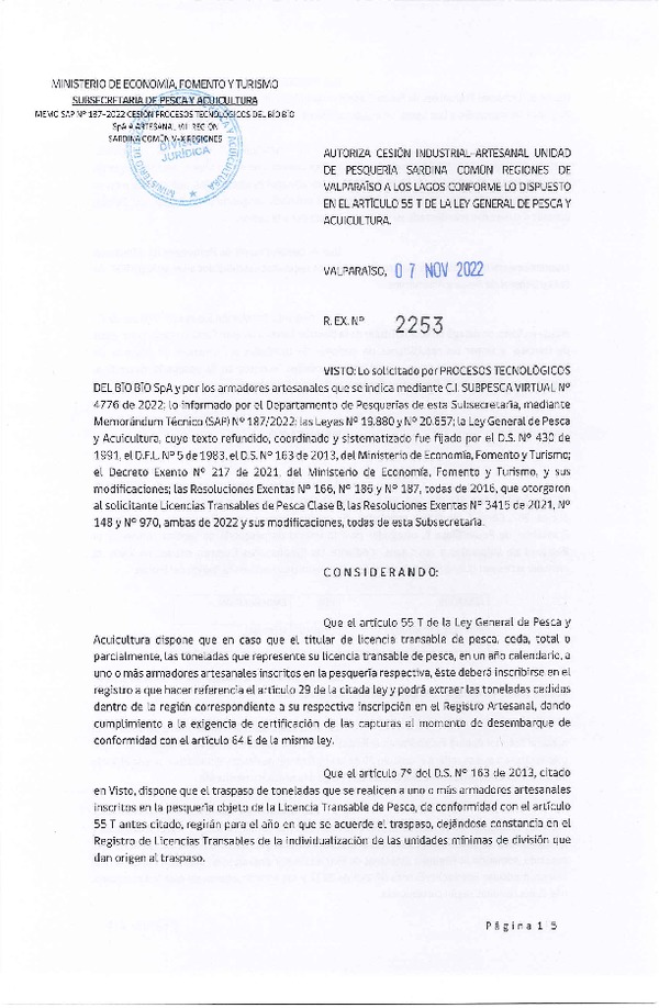 Res. Ex. N° 2253-2022, Autoriza Cesión unidad de pesquería Anchoveta y Sardina Común, Regiones Valparaíso a Los Lagos. (Publicado en Página Web 07-11-2022)