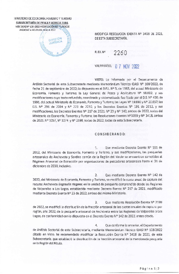 Res. Ex. N° 2260-2022 Modifica Res. Ex. N° 3418-2021 Distribución de la Fracción Artesanal de Pesquería de Anchoveta y Sardina Común, Región del Maule, Año 2022. (Publicado en Página Web 07-11-2022)