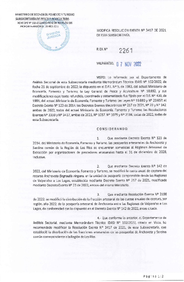 Res. Ex. N° 2261-2022 Modifica Res. Ex. N° 3417-2021 Distribución de la Fracción Artesanal de Pesquería de Anchoveta y Sardina Común, Región de Los Ríos, Año 2022. (Publicado en Página Web 07-11-2022)