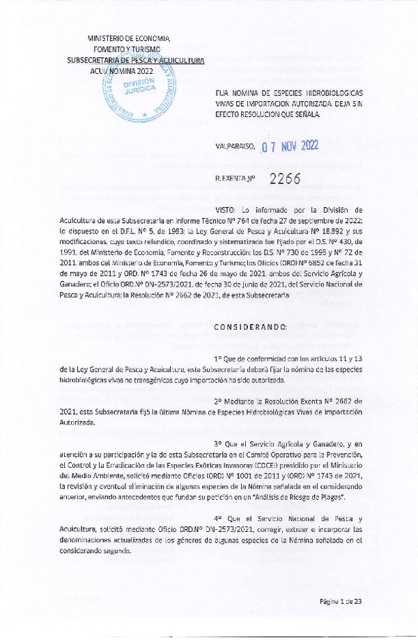 Res. Ex. Nº 2266-2022 Fija Nómina de Especies Hidrobiológicas Vivas de Importación Autorizada. Deja sin Efecto Resolución que Señala. (Publicado en Página Web 07-11-2022)