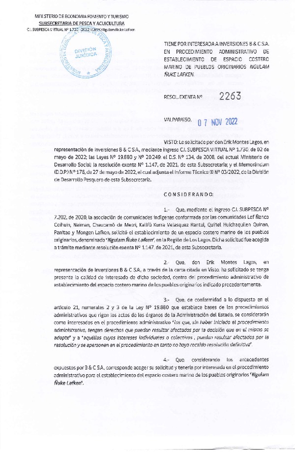 Res. Ex. N° 2263-2022 Tiene por Interesada a Inversiones B & C S.A. en el Procedimiento Administrativo de Establecimiento de ECMPO Ngulam Ñuke Lafken. (Publicado en Página Web 07-11-2022)