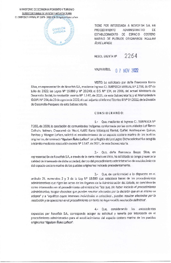 Res. Ex. N° 2264-2022 Tiene por Interesada a Novofish S.A. en el Procedimiento Administrativo de Establecimiento de ECMPO Ngulam Ñuke Lafken. (Publicado en Página Web 07-11-2022)