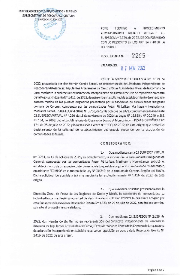 Res. Ex. N° 2265-2022 Pone término a Procedimiento Administrativo que Indica. (Publicado en Página Web 07-11-2022)